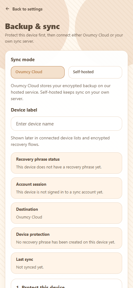Ovumcy App backup and sync screen with encrypted backup and sync options