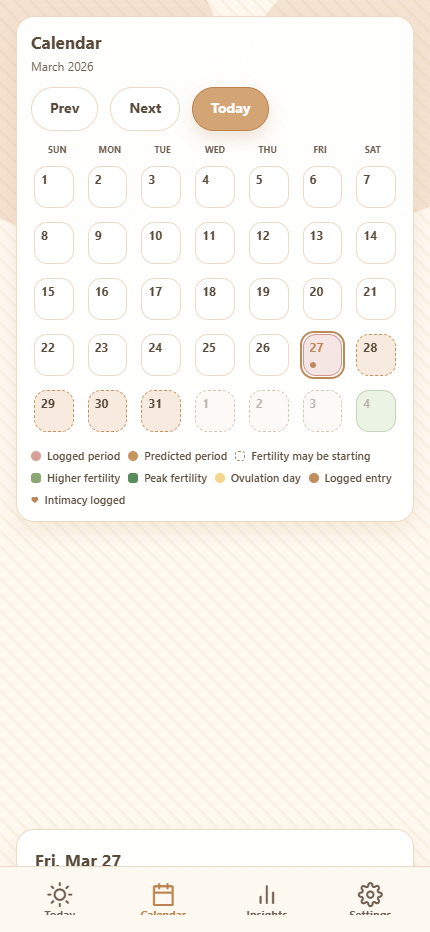 Ovumcy App calendar showing logged days, predicted days, and fertility context