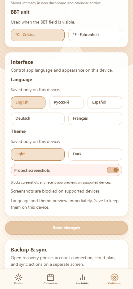 Ovumcy App settings screen with language, preferences, and local-first controls
